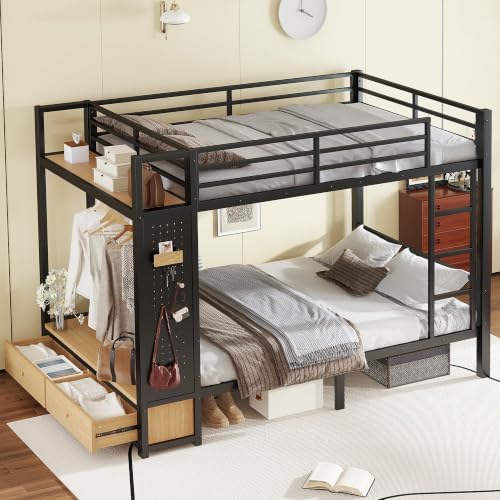 Bellemave Full Over Full Size Metal Bunk Bed with Storage Shelves and Drawers, Heavy Duty Bunk Beds with Clothes Hooks for Adults, Teens, Kids, Black