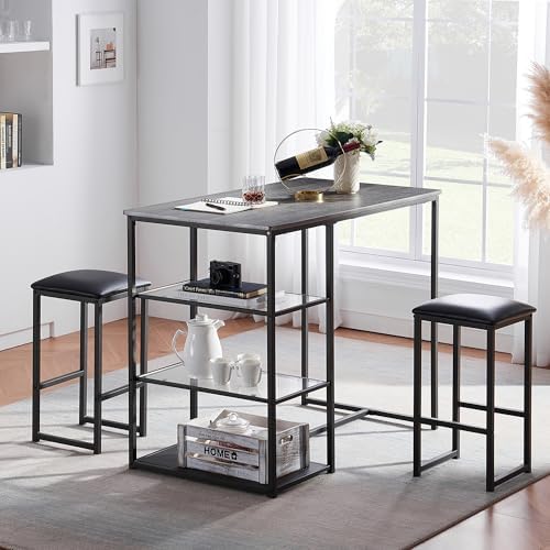 VECELO Dining Table Set for 2 with 3 Storage Shelves,Counter Height Kitchen Table and Chairs with Pu Cushion Chairs & Wood Top for Small Space,Dining Room,Apartment，Gray