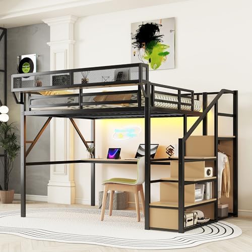 KEIKI Queen Size Metal Loft Bed Frame with Desk, Staircase, Built-in Storage Shelves and Wardrobe, Modern Loft Bed with Solid Slat, Guardrail, No Box Spring Required, Easy Assembly, for Bedroom, Black