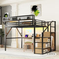 KEIKI Queen Size Metal Loft Bed Frame with Desk, Staircase, Built-in Storage Shelves and Wardrobe, Modern Loft Bed with Solid Slat, Guardrail, No Box Spring Required, Easy Assembly, for Bedroom, Black