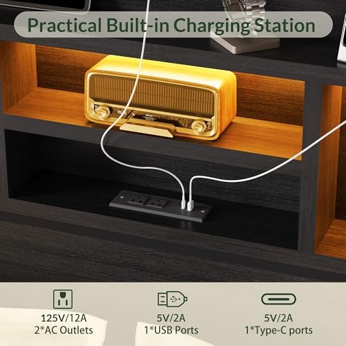 LARMACE King Size Bed Frame with 6 Storage Drawers and Headboard Wooden Platform Bed Frame with LED Lights and Charging Station Easy Assembly/No Box Spring Needed/Black
