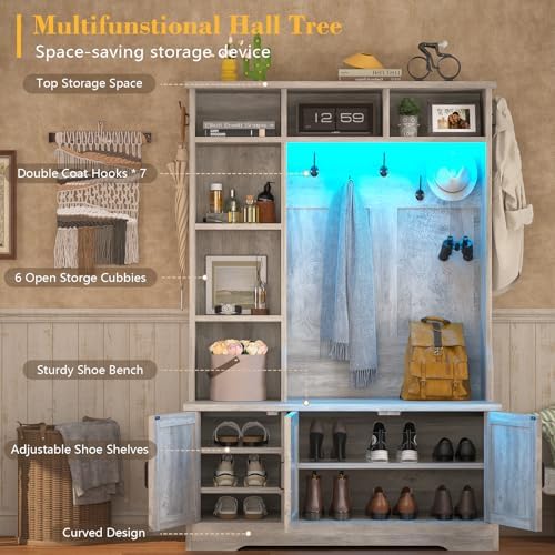 Hall Tree with Bench and Shoe Storage, LED Entryway Bench with Coat Rack