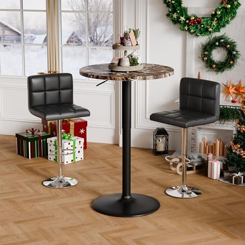 Flamaker Round Bistro Pub Table 23.6 Inch Height Adjustable 360° Swivel Bar Table Metal Base for Pub, Dining Room, Party (1, Marble-Black)