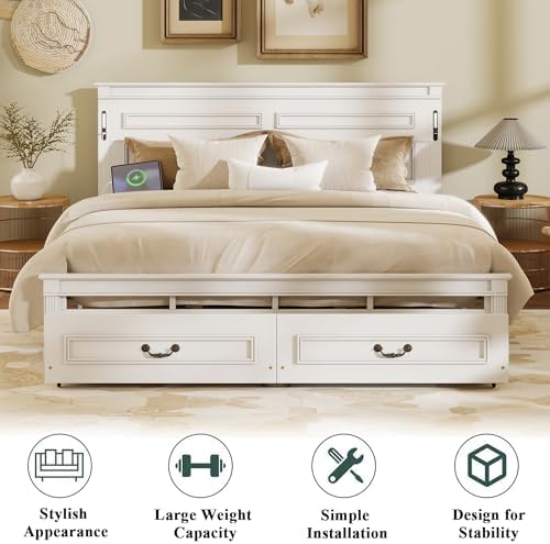 King Bed Frame with 46" Tall Headboard, Farmhouse Solid Wood King Size Platform Bed with 2 Storage Drawers,LED Lights & USB Charging Station,No Box Spring Needed, White