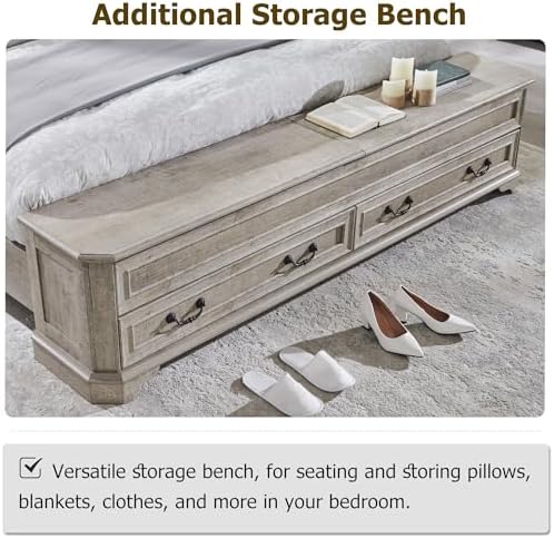 T4TREAM Farmhouse King Bed with Headboard and Storage Bench