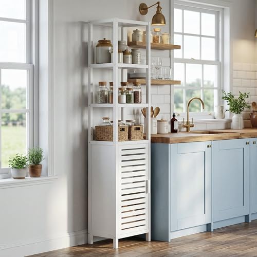 HITNET Bathroom Tall Cabinet, Floor Standing Bamboo Storage Cabinet with 6 Shelves and Shutter Door for Kitchen Living Room, White
