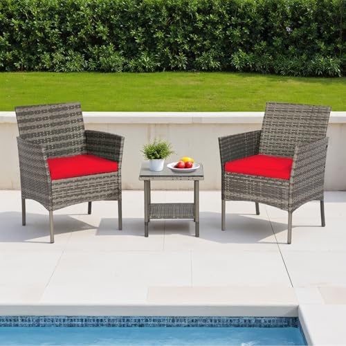 FDW 3-Piece Patio Furniture Set | Gray & Red | Outdoor Wicker Furniture