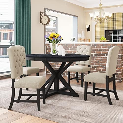 LUMISOL Round Dining Table Set for 4, Farmhouse Extendable Kitchen Table Set with 4 Upholstered Chairs for Kitchen, Dining Room, Living Room, Espresso+Dark Beige