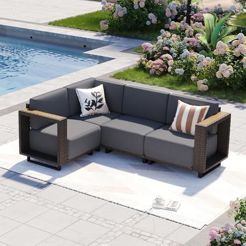Aoxun Patio Furniture Set, 4 Piece Outdoor Sofa Set, Brown/Dark Gray