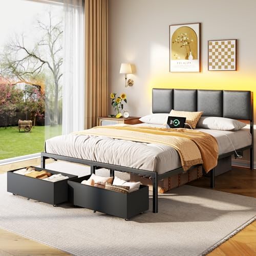 Furnulem Full Size Bed Frame with PU Upholstered Headboard and 2 Drawers