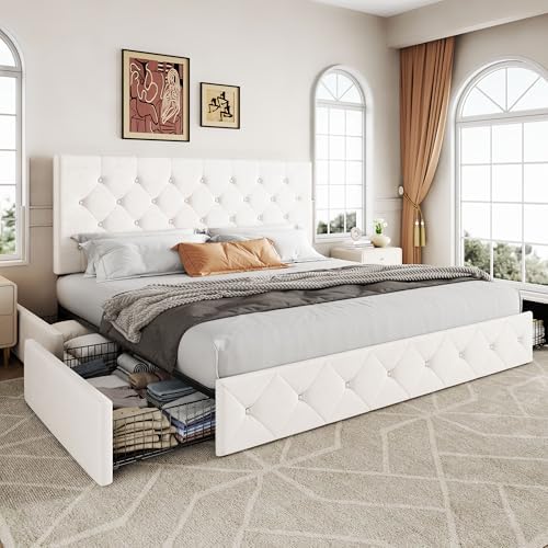 Allewie King Size Storage Bed Frame with 4 Underbed Drawers, Upholstered Platform Bed with Adjustable Headboard, Diamond Button Tufted, Easy Assembly, Noise-Free, No Box Spring Needed, Soft White