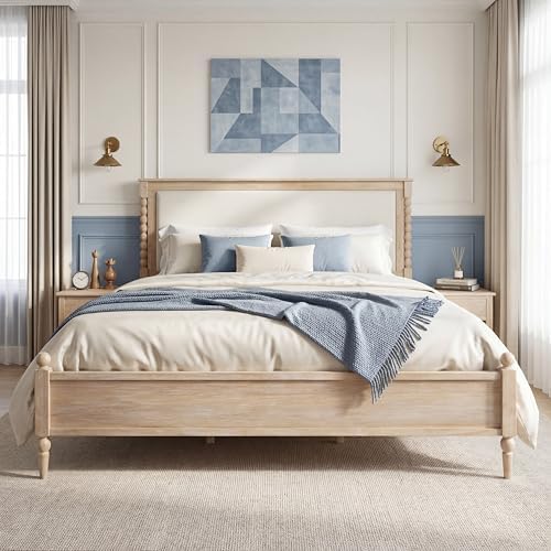 Merax King Size Solid Wood Platform Bed Frame, Upholstered Headboard & Classic Spindle & with Fabric Panel, No Box Spring Needed, 500 lbs Capacity Timeless Traditional for Bedroom, Natural