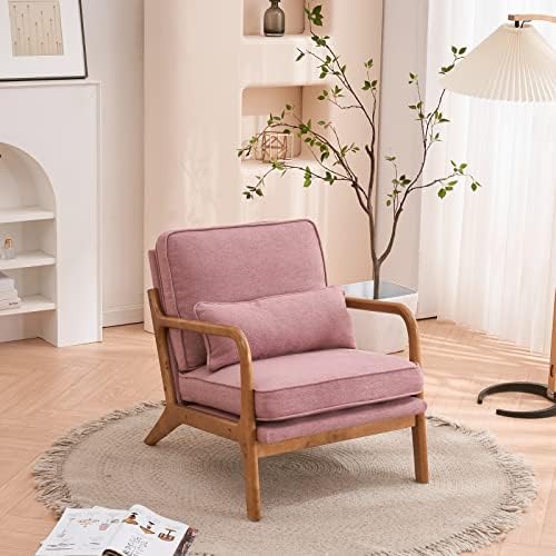 Bonnlo Linen Pink Mid Century Modern Accent Chair, Soild Wood Padding Lounge Armchairs Side Sitting Chairs for Living Room, Bedroom, Guest Room
