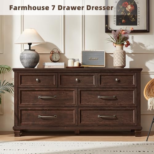 SAVOR LIFE Farmhouse 7 Drawer Dresser for Bedroom, Walnut