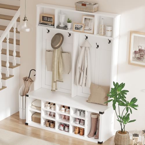 Garvee Farmhouse Entryway Hall Tree with Bench, Shoe Storage & Coat Rack