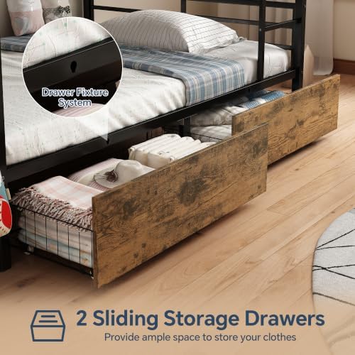 Full Over Full Metal Bunk Bed with Storage Station & Rolling Drawers