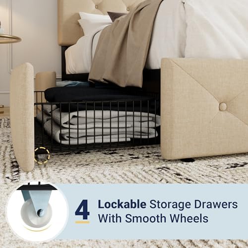 Allewie Queen Size Storage Bed Frame with 4 Underbed Drawers, Upholstered Platform Bed with Adjustable Headboard, Diamond Button Tufted, Easy Assembly, Noise-Free, No Box Spring Needed, Beige