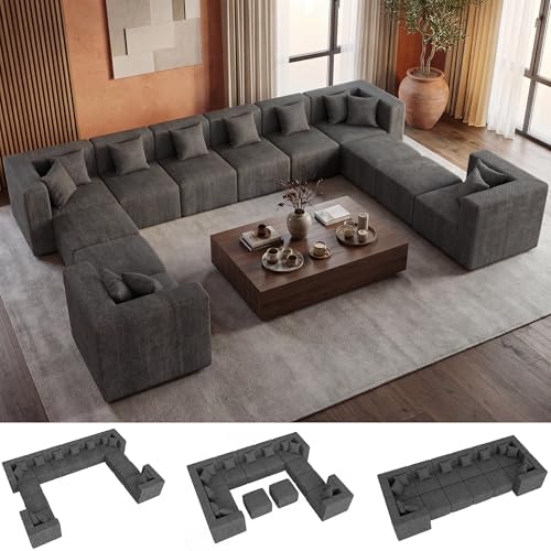 MONVANE Modular Sectional Sofa, Oversized 12 Seat Convertible U Shaped Couch with Ottoman, Comfy Chenille Cloud Couch with Deep Seat, Sectional Couches for Living Room, No Assembly Required, Grey
