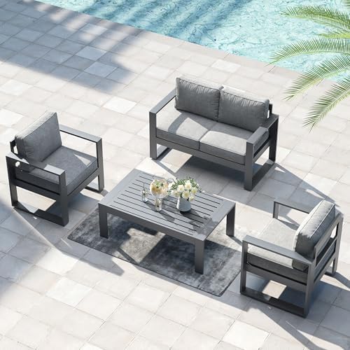 LayinSun Outdoor Patio Aluminum Loveseat, Metal Modern 2-Seat Sofa with Washable Thick Cushions