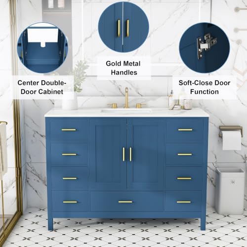Montary 48" Modern Bathroom Vanity Base Cabinet, Solid Wood Construction, | Soft-Close Double Doors & 9 Full-Extension Drawers(Basin & Top Not Included),Blue