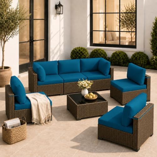 LOUVIXA 7 Piece Outdoor Patio Furniture Set, Outdoor Sectional Sofa, Wicker Rattan Patio Furniture, Patio Conversation Set with Coffee Table & Cushions