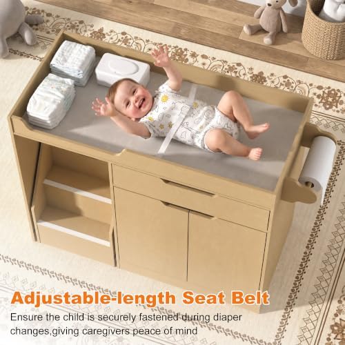St.Mandyu Baby Changing Table with Drawers & Storage, Diaper Changing Station with Stairs, Toddler Wooden Changing Table with Paper Roller for Daycare & Home, Oak