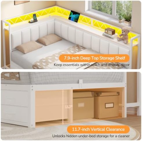 Twin Corner Bed Frame with 6 Storage Drawers, Charging Station & Led Lights