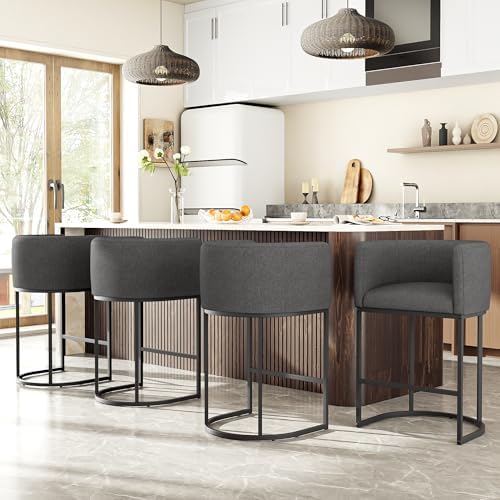 26" H Counter Height Bar Stools Set of 4, Modern Barrel Counter Stools with Backrest and Arms, Linen Fabric Upholstered Accent Barstools for Kitchen Island,Support 450 LBS (Carbon Black)