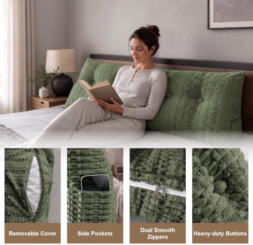Headboard Pillow Queen, Wedge Pillow for Headboard, Backrest Pillows for Reading, Sitting, Working in Bed, Daybed Soft Pillows with Removable Cover for Bed Dorm Sofa, Green