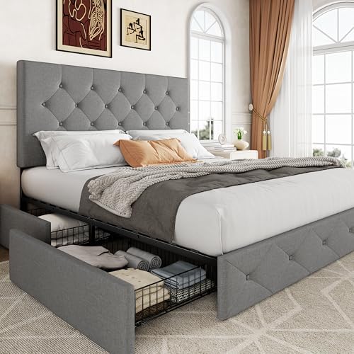 Allewie Full Size Storage Bed Frame with 4 Underbed Drawers, Upholstered Platform Bed with Adjustable Headboard, Diamond Button Tufted, Easy Assembly, Noise-Free, No Box Spring Needed, Light Grey