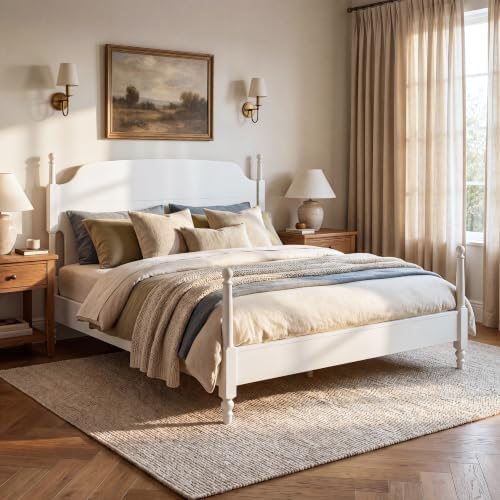 Christopher Knight Home Kane Wooden King Bed Frame with Headboard, Farmhouse King Size Bed Frame and Arched Headboard, 4-Poster King Bedframe with Slats Support, No Box Spring Needed, White