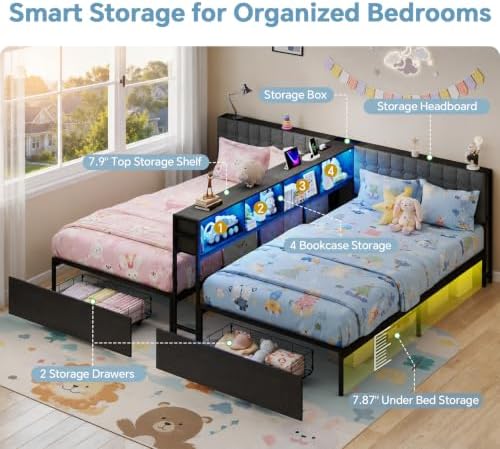 Twin Size Bed Frame for 2 Kids with Storage Bookcase Divider and LED Lights