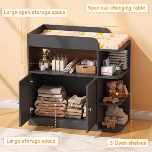 Wanan Changing Table Dresser with Large Cabinet for Nursery, Wood, Black