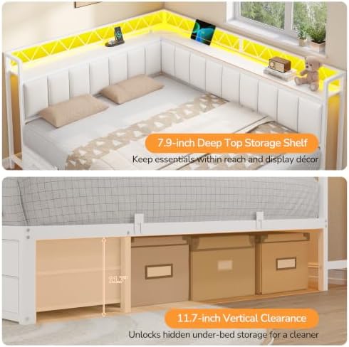 Corner Queen Bed Frame with 6 Storage Drawers, Open Shelves,Charging Ports