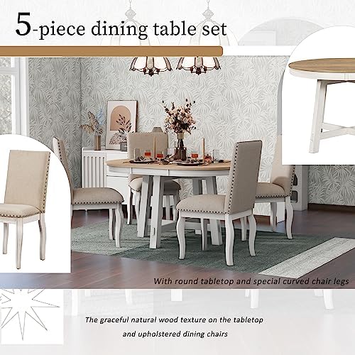 LUMISOL Round Dining Table Set for 4, Farmhouse Kitchen Table Set with Round Extendable Dining Table and 4 Upholstered Dining Chairs, Oak Natural Wood+Antique White