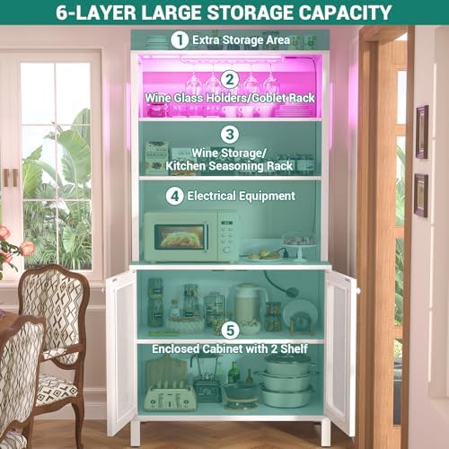 Aheaplus Bar Cabinet with Power Outlets, 67" Tall Wine Bar Cabinet, White