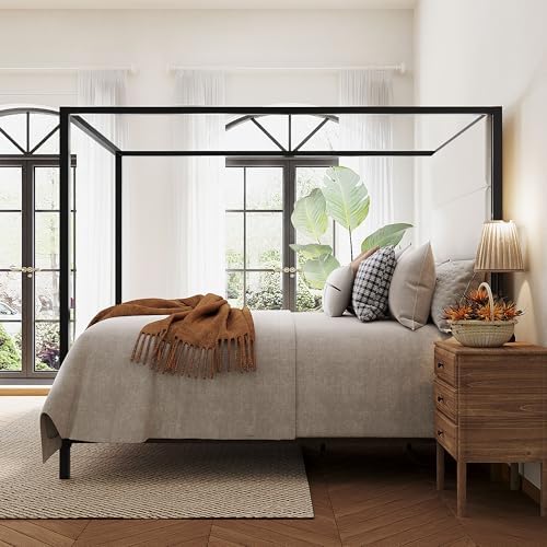 Merax King Size Black Metal Canopy Bed Frame, 76.5" Tall Velvet Upholstered Headboard, 4-Poster Bed with 800 lbs Capacity, Box Spring Required for Master Bedroom, Black+White
