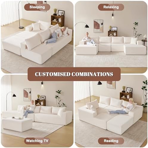 Mangodan 140” Cloud Sectional Couch, Modular Sectional Sofa with Deep Seat, Boneless Sofa for Living Room, Fluffy Comfy U-Shaped Couch with Left Facing Chaise, No Assembly Required, Beige