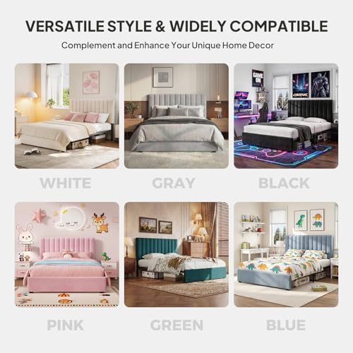 Welzona Full Size Velvet Upholstered Bed Frame with Tufted Headboard, Pink