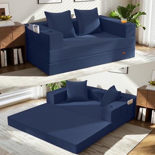 COMAX Boneless Futon Sofa Bed, 59" Small Low-Profile Floor Couch, Navy