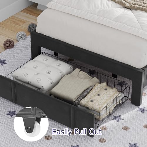 VECELO Twin Size Bed Frame with Storage Drawer, Heavy-Duty Platform Bedframe with Headboard & Strong Wooden Slats Support, No Box Spring Needed, Black