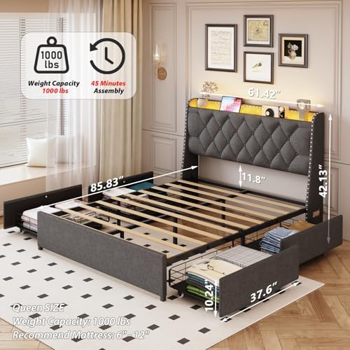 TIGUBFRE Queen Size Bed Frame with 4 Drawers and Storage Headboard, Upholstered Wingback Bed Frame with LED Lights and Charging Station, No Box Spring Needed, Easy Assembly, Noise Free, Gray