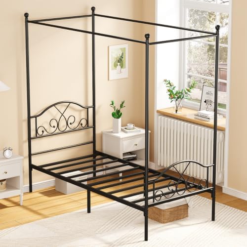 Twin Princess Canopy Bed Frame with 4 Posters, Twin Size Bed for Kids Girls