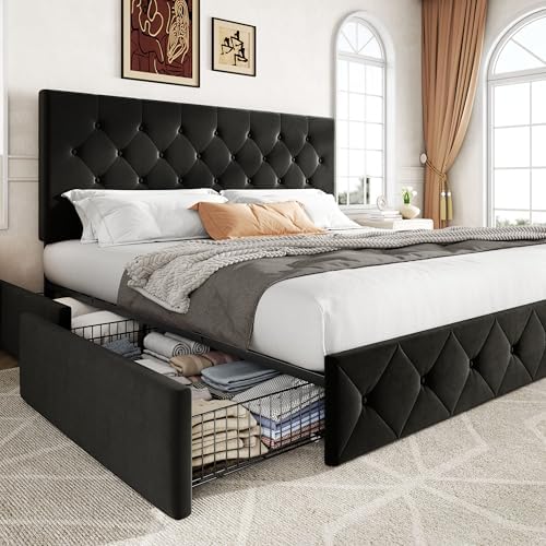 Allewie King Size Storage Bed Frame with 4 Underbed Drawers, Upholstered Platform Bed with Adjustable Headboard, Diamond Button Tufted, Easy Assembly, Noise-Free, No Box Spring Needed, Soft Black