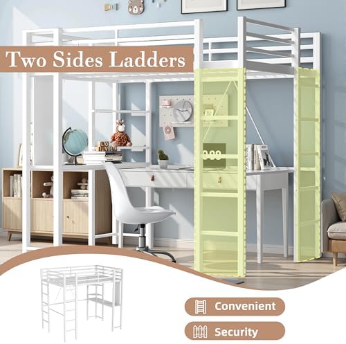 Nuturelly Full Size Loft Bed with Desk, 13" Guardrails, Noise-Free, White