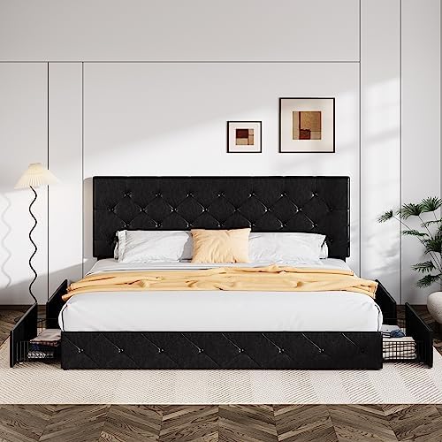 Allewie King Size Black Metal Faux Leather Platform Bed Frame with 4 Drawers