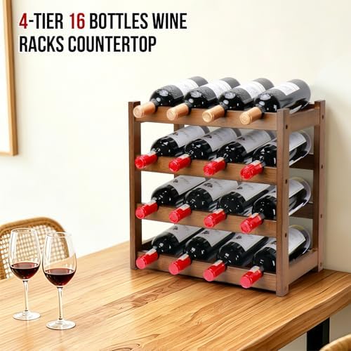 Bamboo Wine Rack, 4-Tier 16 Bottles Wine Storage Cabinet Shelf