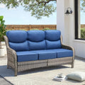 Luxury Outdoor Patio Furniture Set-Wicker High Backrest 3-Seat Patio Sofa with Comfy 6" Cushion, Rattan Couch with Deep Seat All-Weather Patio Conversation Set for Deck Backyard Garden(Grey/Blue)
