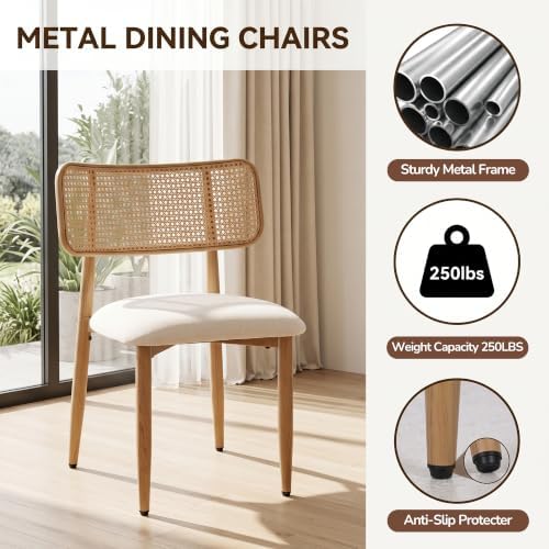 UVV Dining Chairs Set of 6, Metal Kitchen Chairs with Modern Fabric Upholstered for Dining Room, Beige Rattan