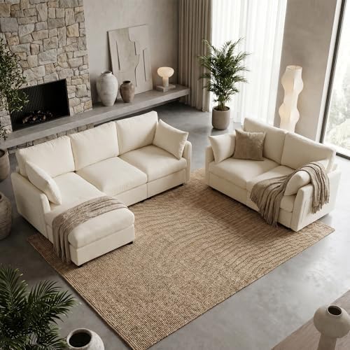 Iroomy Modular Sectional Loveseat Couch, Modern Chenille Sofa, Beige
